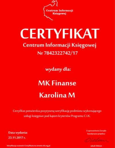 Centrum informacji księgowej - certyfikat